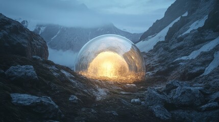 Poster - Mysterious glowing glass dome illuminates rocky landscape during twilight in a remote mountainous region