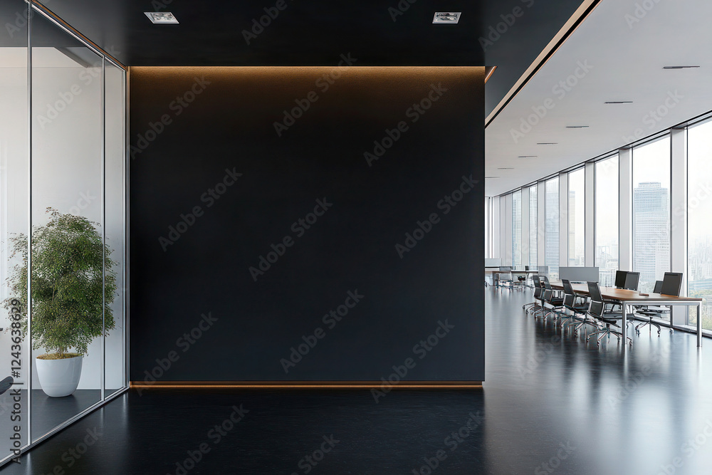 Modern office interior with a minimalist pure black wall for company ...