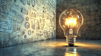 Aufkleber - Glowing oversized light bulb illuminating a creative workspace with sketches and designs