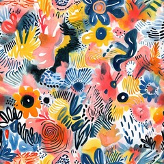 Poster - Captivating doodle-style watercolor artwork bursting with vibrant floral patterns and dynamic shapes