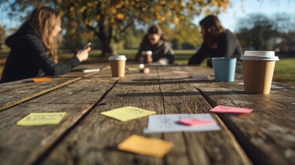 Poster - Creative team collaborates outdoors at a wooden table surrounded by nature during a bright afternoon meeting
