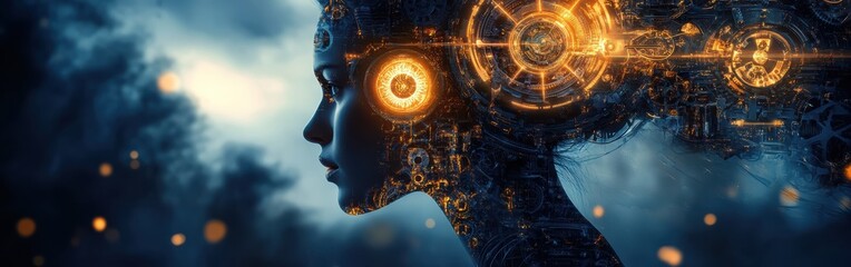 Aufkleber - Conceptual visualization of a woman's head with glowing circuitry and mechanical elements set against a dramatic background