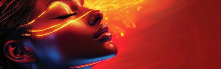 Aufkleber - Visual representation of a glowing woman against a vibrant red background showcasing light and beauty