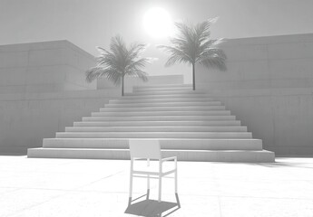 Wall Mural - A single white chair sits in a minimalist outdoor setting, facing a broad staircase that ascends between white walls, under a bright, high sun