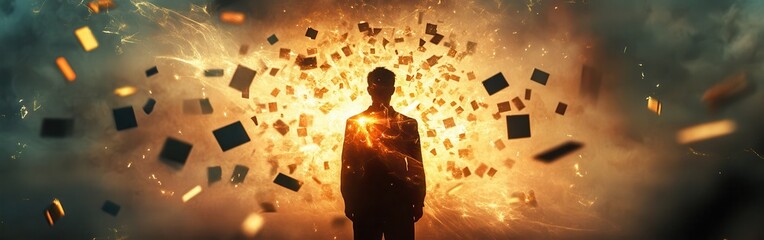 Poster - Conceptual representation of a glowing man surrounded by floating pieces in an abstract environment