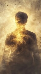 Poster - Man radiating a warm glow in a surreal environment representing inner strength and energy