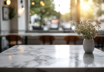 Wall Mural - White flowers in a small vase on a marble surface in a cafe, sunlight streams through the window in the background