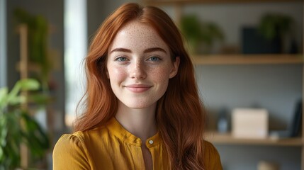 Aufkleber - Bright and modern professional headshot of a smiling young woman in a contemporary workspace