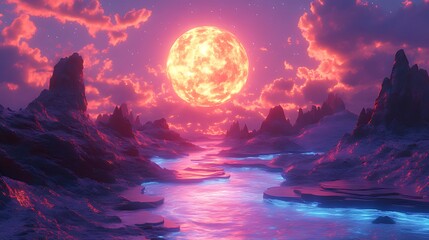 Wall Mural - Alien planet sunset river landscape fantasy artwork