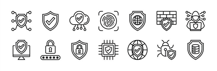Cyber security, protection, secured, safety thin line icon set. Containing digital technology, network, fingerprint, firewall, hacker, data, virus, password, digital code, access, computer devices