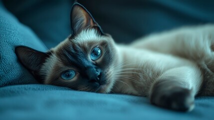 Wall Mural - Close up of a cat with striking blue eyes, lying on a dark blue fabric. Soft lighting and a slightly blurred background create a serene atmosphere