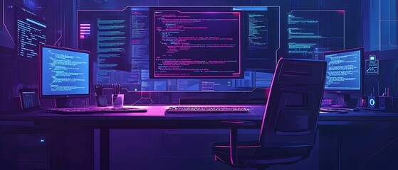 a computer desk with a chair and two monitors