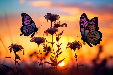 Poster - Two colorful butterflies flying around flowers during a beautiful sunset, creating a magical and serene atmosphere