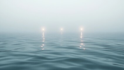 Wall Mural - Foggy sea, three lights, calm water, misty background, serene scene