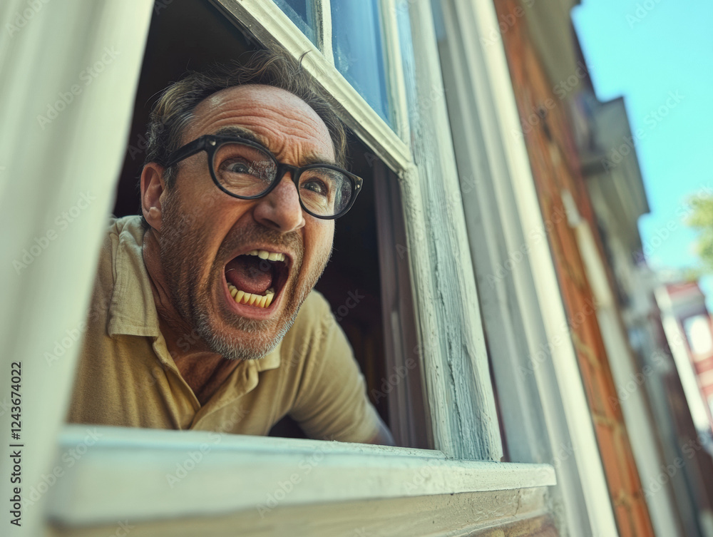 A frustrated middle-aged man wearing glasses leans out of a window ...