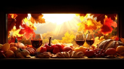 Wall Mural - Autumn Harvest Feast Sunlight Through Fall Leaves, Mountain View, Red Wine, Bread, Pumpkins