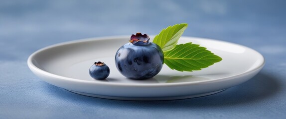 Wall Mural - Fresh blueberries on a white porcelain plate with green mint leaves against a soft blue background representing healthy eating and freshness.