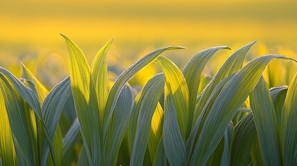 Wall Mural - Dew-Kissed Blades Fresh Green Leaves Glisten in Diffuse Sunlight, Close-Up, Springtime Growth