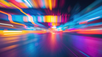 Canvas Print - Vibrant abstract motion blur of colorful lights creating dynamic visual energy and a sense of movement in a nighttime urban environment.