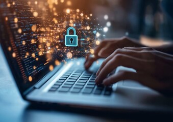 cybersecurity hands typing code, padlock, data protection