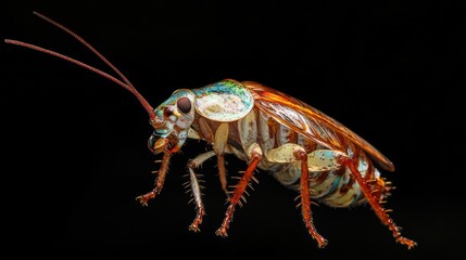 Poster - A close-up image of a colorful cockroach against a black background.