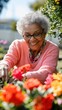 © Maria - Elderly woman enjoying gardening and tending to vibrant flowers in a sunny community garden