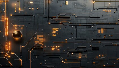 Poster - Abstract Dark Circuit Board with Glowing Orange Lines