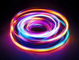 Canvas Print - The colorful neon rings merge to create a stunning array of colors in a dynamic swirl, glowing brilliantly against a dark background and captivating viewers with their hypnotic beauty