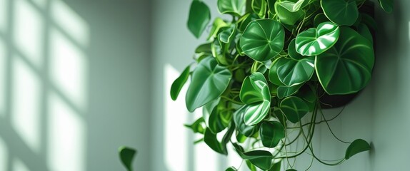 Canvas Print - Lush green plant cascading from a wall pot illuminated by soft natural light creating a serene indoor environment.