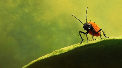 Poster - A close-up of a vibrant orange and black insect perched on a green leaf.