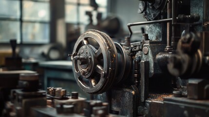 Fototapete - A close-up of an industrial machine component in a workshop setting.