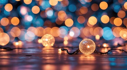 Canvas Print - Festive Bokeh Lights with Soft Focus Creating a Magical and Vibrant Holiday Atmosphere on a Wooden Surface