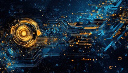 Poster - Abstract Digital Technology Background with Blue Gold Particles and Motion Blur