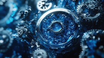 Poster - A close-up of intricate metallic gears surrounded by a blue crystalline structure.