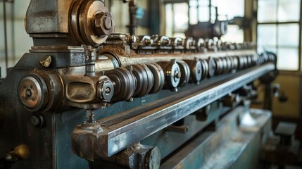 Fototapete - A close-up of industrial machinery showcasing gears and mechanical components.