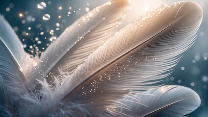 Canvas Print - Elegant white feathers adorned with sparkling droplets and soft bokeh create a serene and gentle background ambiance.