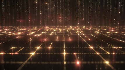 Wall Mural - abstract gold and red glowing grid lines falling particles background.