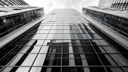 Wall Mural - modern glass facade of an office building captured from below in black and white, emphasizing archit