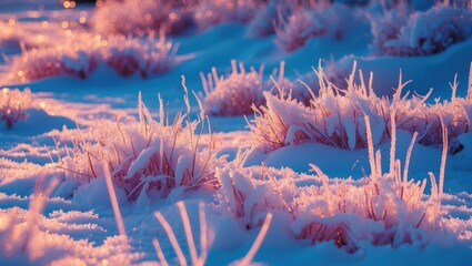 Wall Mural - Winter landscape showcasing frozen grass and snow with enchanting pastel shadows, capturing the serene beauty of a snowy environment.