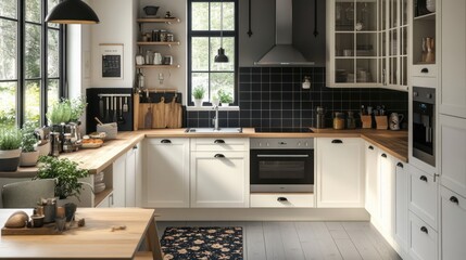 Wall Mural - Modern farmhouse kitchen with white cabinets, wood countertops, and black accents.