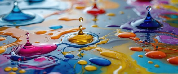 Canvas Print - Colorful abstract water and oil art featuring vibrant acrylic paint droplets and shapes in a mesmerizing macro composition.