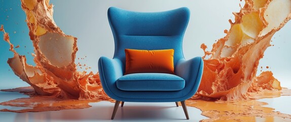 Wall Mural - Modern designer armchair with vibrant blue upholstery and an orange cushion against a dynamic splash background, showcasing texture and style.