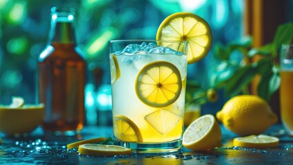 Canvas Print - Refreshing Lemonade in a Glass with Slices and Ice on a Rustic Table Surrounded by Fresh Lemons and a Bottle in the Background