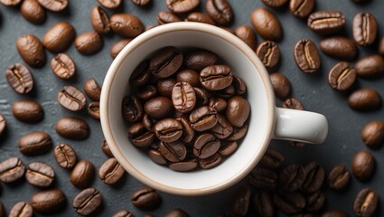 Wall Mural - Close-up top view of a white cup filled with roasted coffee beans surrounded by scattered coffee beans on a dark surface.