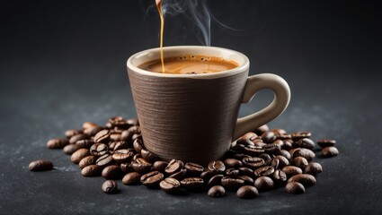 Wall Mural - Craft coffee cup filled with steaming coffee surrounded by roasted coffee beans on a dark textured background.