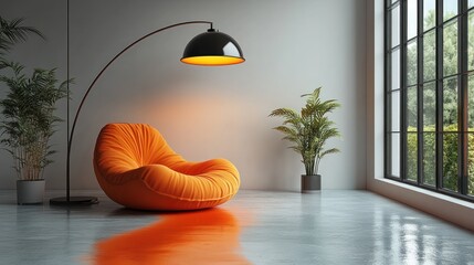 Aufkleber - A cozy orange bean bag chair with a stylish lamp in a modern, plant-filled room.