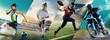 © master1305 - Sports intensity. Swimmer, soccer, American football and motocross athlete in motion. Power, determination, and competitive drive. Concept of professional sport. Horizontal banner, ads.