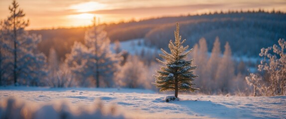 Wall Mural - Winter sunset in Finland featuring a solitary spruce tree amidst snowy hills evoking a serene vintage atmosphere.