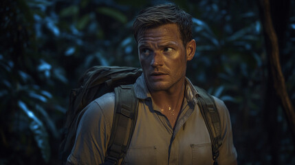 A white man in the hiking gear backpack looks lost tried and confused background deep dark jungle