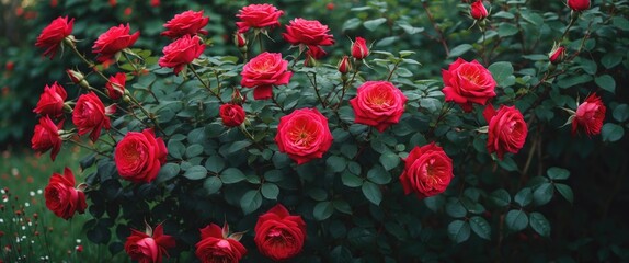 Wall Mural - Vibrant red roses blooming in lush green foliage showcasing a beautiful summer garden scene perfect for floral design backgrounds.